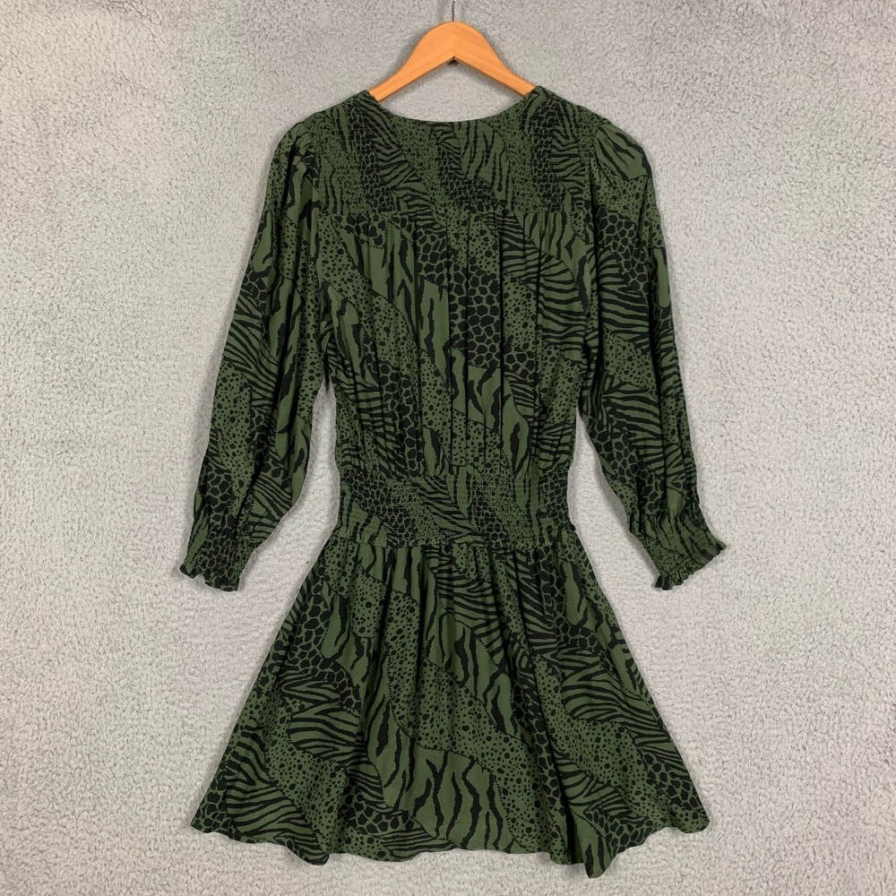 Rails Zana Mini Dress Size Small S Olive Mixed Animal Stripe Crepe Smocked Waist - Picture 5 of 11
